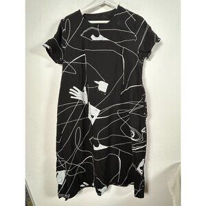 Womens Black & White Abstract Graphic Short Sleeve Midi Dress Pockets Casual